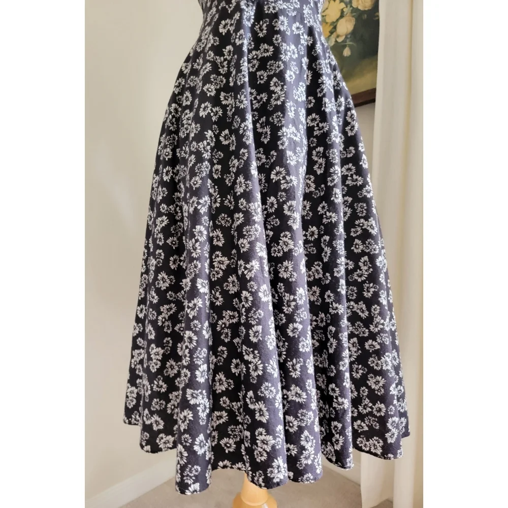 90s Black Floral Sweetheart Halter Open Back 1990 Vintage Fit & Flare Midi Dress - Picture 4 of 10